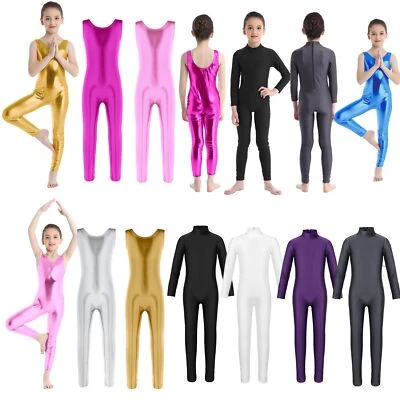 Girls Long Sleeve Ballet Dance Gymnastics Catsuit Kids Shiny Bodysuits Dancewear - Image 1 of 3