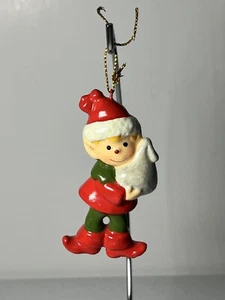 VTG Ceramic Hand Painted ELF With Gift Santa Hat Christmas Ornament Korea - Picture 1 of 7