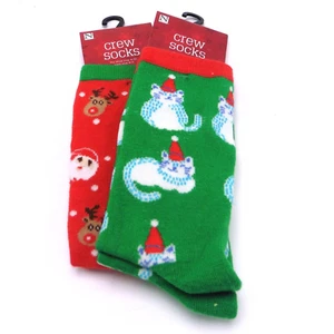 Christmas Crew Socks Santa Reindeer Cat in Santa Hat Holiday Season Socks 2 pair - Picture 1 of 7