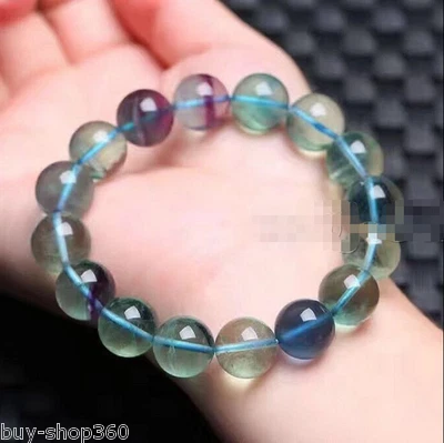 Brazalete elástico genuino de cuentas redondas de fluorita multicolor natural de 10 mm 7,5"" Foto 1 de 4