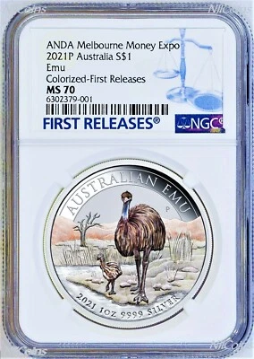 2021 ANDA Melbourne Money Expo Show 1oz Silver Color Coin EMU NGC MS70 FR w/OGP - Image 1 of 4