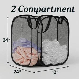 Pop Up Mesh Laundry Hamper 2 Compartment Foldable Basket for Dorm Travel Black - Picture 1 of 9