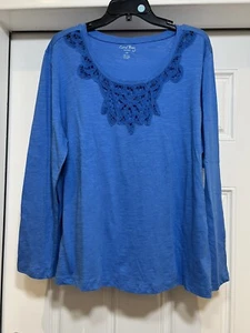 coral bay women top blue lace Fall Springcasual long sleeves cotton plus size 1X - Picture 1 of 7