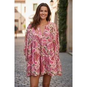 Umgee USA Pink Paisley Tiered Boho V Neck Tunic Dress - Picture 1 of 4