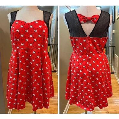 Torrid 20 Hello Kitty Rockabilly Cosplay Pin Up Bow Back Polka Dot Swing Dress  - Image 1 of 3