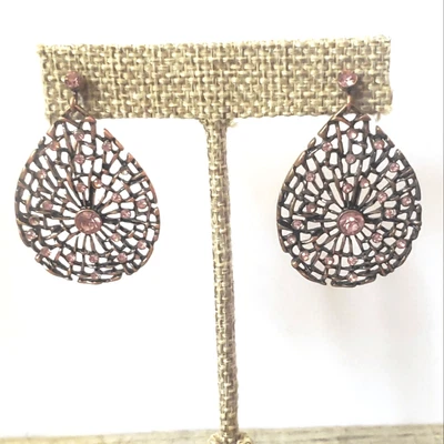 1928 French Hook Teardrop Filigree Earrings Web Design Pink & Copper - Image 1 of 4
