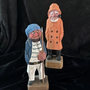 2 alte handgeschnitzte Holz Fischer Speer Seekapitän mit Pfeife orange - Bild 1 von 9