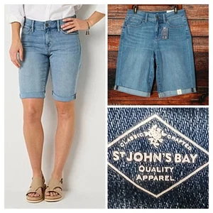 St Johns Bay Jean Shorts Size 10 Bermuda Mid Rise Stretch Astro Blue Denim NWT - Picture 1 of 13