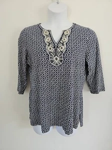Coldwater Creek Pullover Top Large Embroidered V-neck 3/4 Sleeve Blue Geometric - Picture 1 of 10