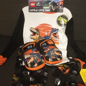 LEGO Jurassic Park World Dinosaur Pajamas + Slippers Size 8 NEW Glow in the Dark - Picture 1 of 10