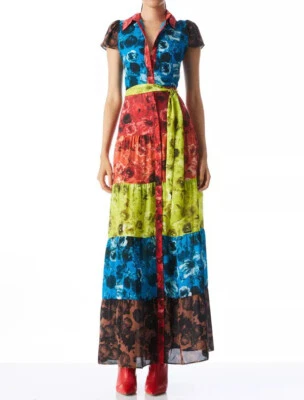 Alice + Olivia Miranda Maxi Dress Gown Rainbow Colorful Tiered Floral Print 6 - Image 1 of 4