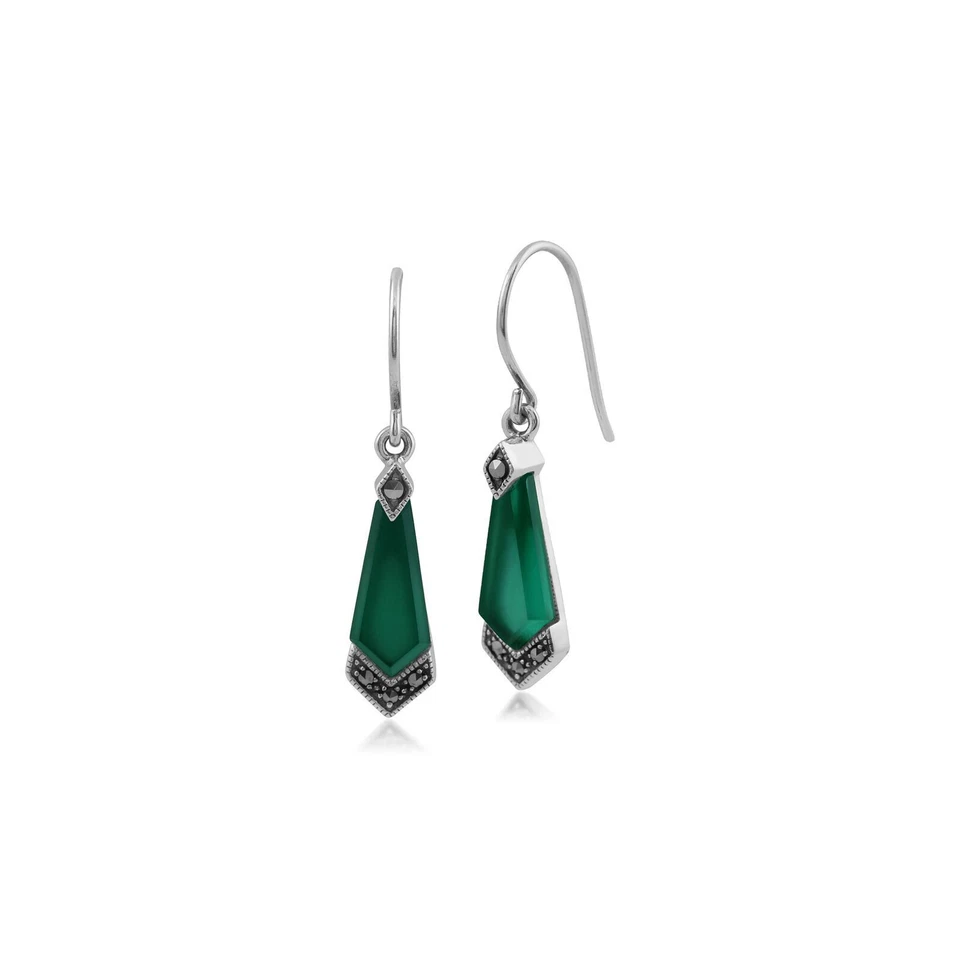 Arte Stile Déco Verde Calcedonio & Marcasite Goccia Orecchini IN Sterling - Immagine 1 di 3