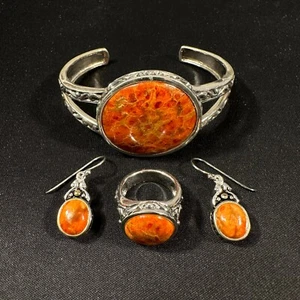 Conjunto Vintage Plata de Ley 925 Pulsera Anillo Pendientes Esponja Roja Coral Tailandia - Imagen 1 de 24