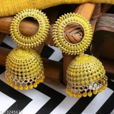 Indian Kundan Jhumka Earrings Jewelry Set Bollywood Gold Plated Style Jewelry - Image 1 of 4