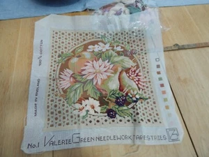 Vintage English Fruit And Floral Bouquet Needlepoint Tapestry Unfinished 15" Sq - Bild 1 von 7