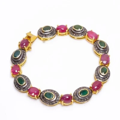 Natural Diamond Bracelet 925 Sterling Silver Emerald And Ruby Bracelet For Her - Image 1 of 4