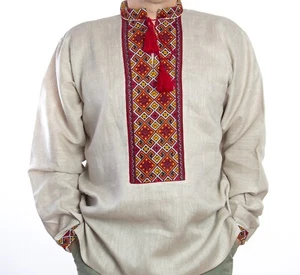 VYSHYVANKA Men Ukrainian handmade Embroidery hutsul SHIRT Beige Linen - Picture 1 of 9