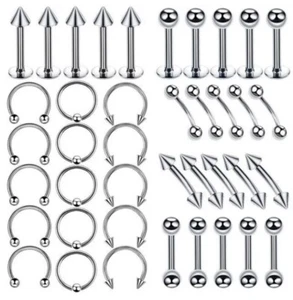 40PCS Nose Septum Silver  Ring Labret Stud Lip Ear Tongue Eyebrow Piercing 16G - Picture 1 of 5