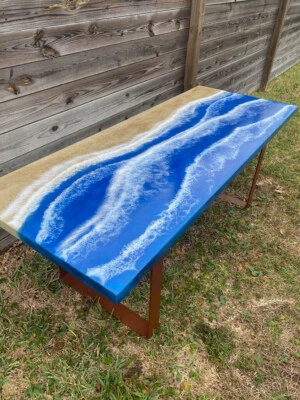 Blue Resin River Dining Table – Live Edge Wood Epoxy Tabletop Luxury Art - Image 1 of 4
