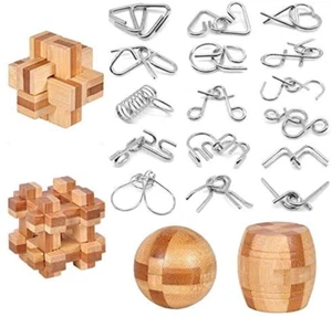 Brain Teaser Puzzle 20Pcs Unlock Interlock Game IQ Test Wooden Toy 3D Unlock Int - Picture 1 of 12
