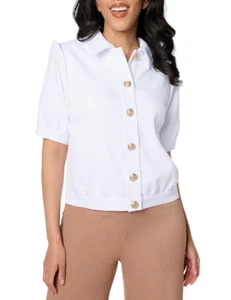 Dennis Basso Textured Short Sleeve Button Front Jacket White - Picture 1 of 1