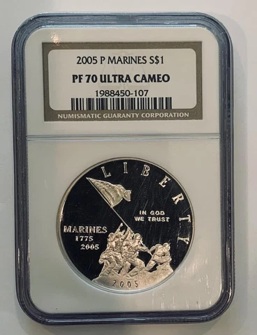 2005 P $1 Marine Corps 230th Anniversary Commemorative Silver Dollar NGC PF70 UC Cover