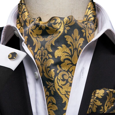 USA Men's Ascot Cravat Tie  Paisley Floral Check Hanky Cufflinks Set Wedding - Image 1 of 2