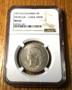 1877 1877/4 Medellin Colombia 5 decimos KEY DATE silver reales NGC MS62 TOP POP - Picture 1 of 6