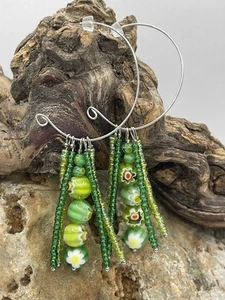 Green seed and millefiori Beaded Dangle Half Hoop Earrings Handmade. One Off - Picture 1 of 14