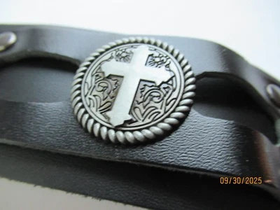 Men's Biker black leather Cross wide bracelet snaps - Image 1 of 4