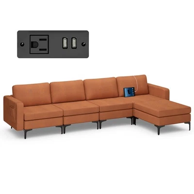 Modular L-shaped Sectional Sofa w/ Reversible Chaise & 2 USB Ports Orange - Image 1 of 4