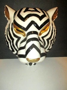 14" WHITE TIGER BLACK/GOLD MASK SCULPTURE WALL ART HIGH QUALITY DAMAGED+STAND - Picture 1 of 24