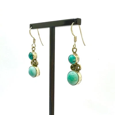 Висячие серьги с бирюзой — серебристые, капля 2 см, 4,27 г, стиль ремесленника - Изображение 1 из 4