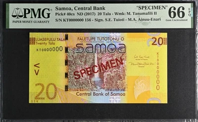 Samoa SPECIMEN 20 Tala ND (2017) P 40cs UNC PMG 66 EPQ S/N 156 3rd TOP POP - Image 1 of 4