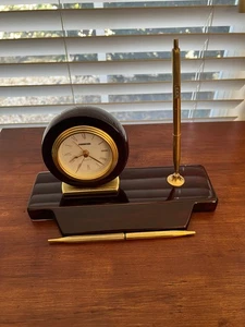 Vtg Timedesign Mahogany Quartz Clock Desk Set Executive Pen Holder 1990s - Picture 1 of 7