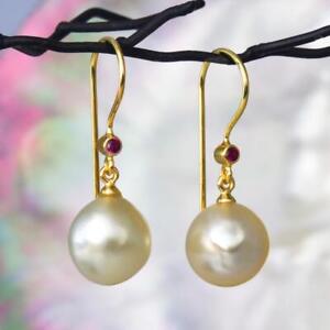 South Sea Pearl Earrings, Ruby & Vermeil Gold-plated over Sterling Silver 4.42 g