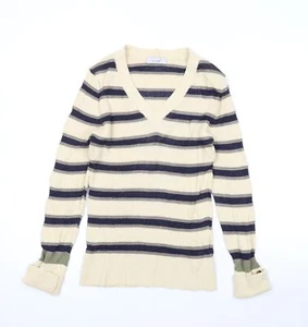 Per Una Womens Beige V-Neck Striped Cotton Pullover Jumper Size 10 - Picture 1 of 10