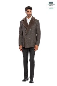 $2650 BOGLIOLI Double Breasted Peacoat Wool Linen Coat Shearling Fur 40 US 50 EU - Picture 1 of 7