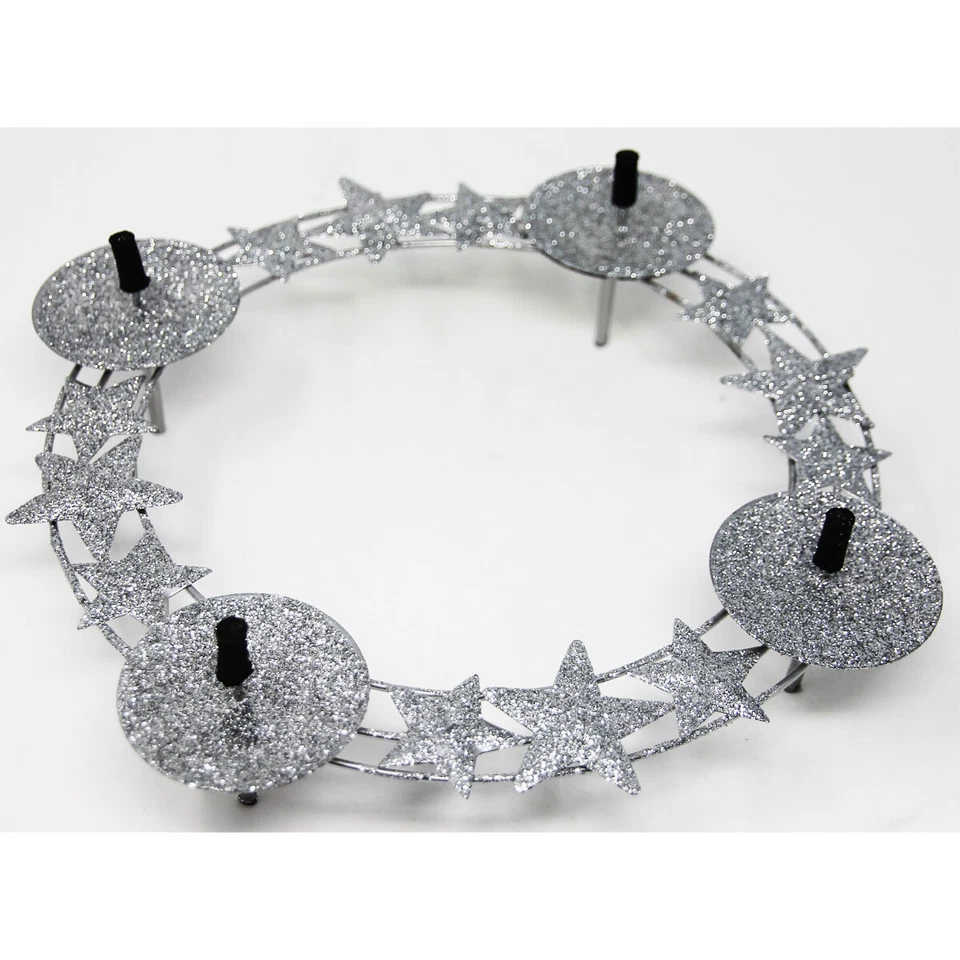 Corona Dell'Avvento IN Metallo Argento Con Glitzerndensternen Rotondo 24cm - Immagine 1 di 1