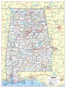 Alabama State Wall Map Large Print Poster - 24"Wx32"H - Picture 1 of 1