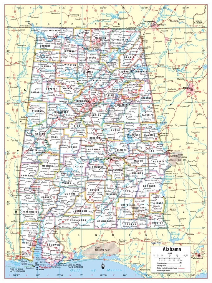 Alabama State Wall Map Large Print Poster - 24"Wx32"H - Image 1 of 1