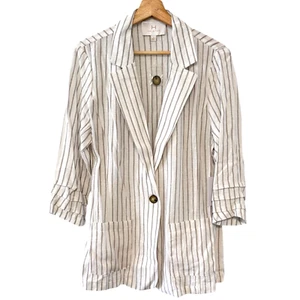 NUOVO Halston Giacca Blazer Lino Bianco Beige Righe Metallizzate Fidanzato Shacket L - Foto 1 di 12