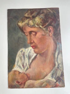 Pintura antigua/de colección al óleo sobre tablero duro - Madre amamantando niño ~Firmada~ - Imagen 1 de 19