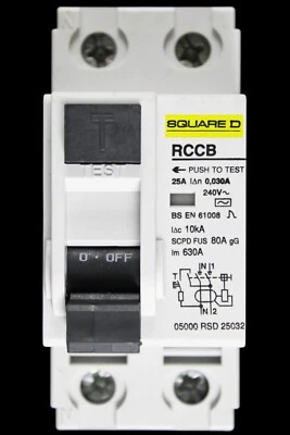SQUARE D 25 AMP 30mA DOUBLE POLE RCCB TYPE AC 05000 RSD 25032 - Image 1 of 4