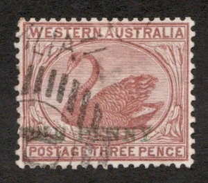 1893 Western Australia Sc#69, pf14, Wmk C&A, 1p on 3p , Brown Swan. Used Cv$11 - Picture 1 of 1