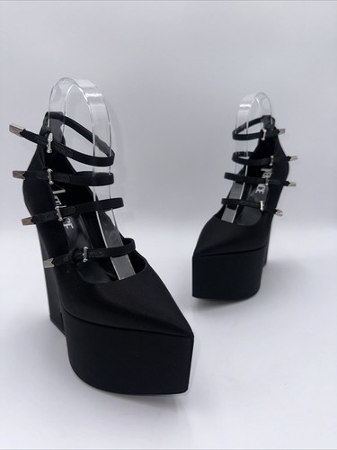Versace decolte donna Tempest platform nero raso pelle a punta misura 35 5