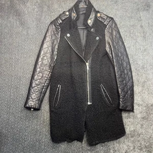 Zara Woman Black Boucle Quilted Faux Leather Sleeve Moto Biker Coat Jacket M - Picture 1 of 8