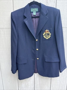 VTG LRL Ralph Lauren Blazer Size 10P Crest Crown Gold Buttons Worsted Wool Navy - Picture 1 of 17
