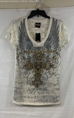NWT Harley-Davidson Rhinestone Cross Angel Wings Lace Thermal Top Sz L - Image 1 of 4
