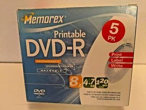 5 x MEMOREX Printable DVD-R 8 X 4.7 GB 120Min with Case Brand New Made in Taiwan - Picture 1 of 3